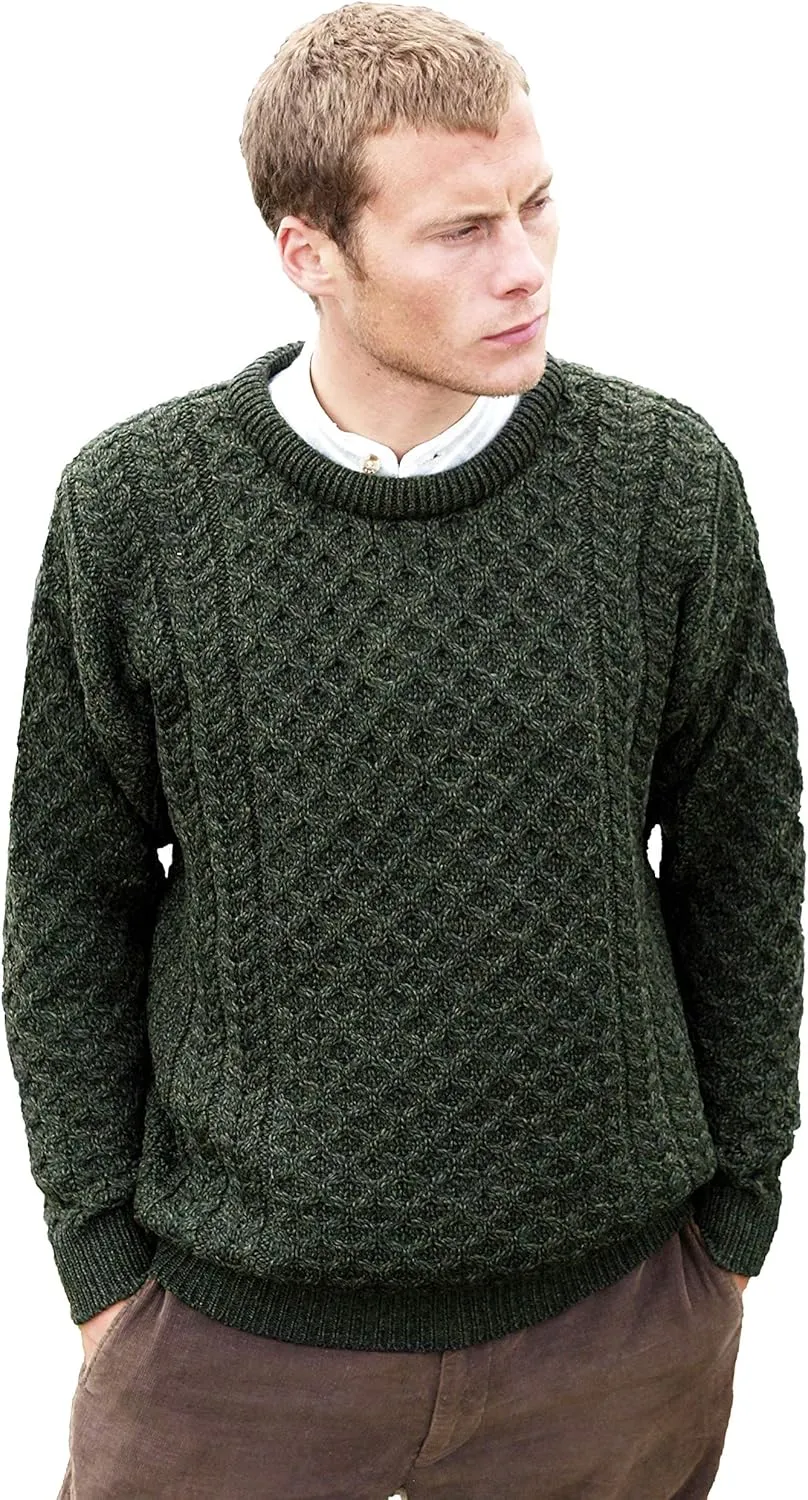 Aran Crafts Unisex Irish Cable Knitted Crew Neck Sweater (100% Merino Wool)