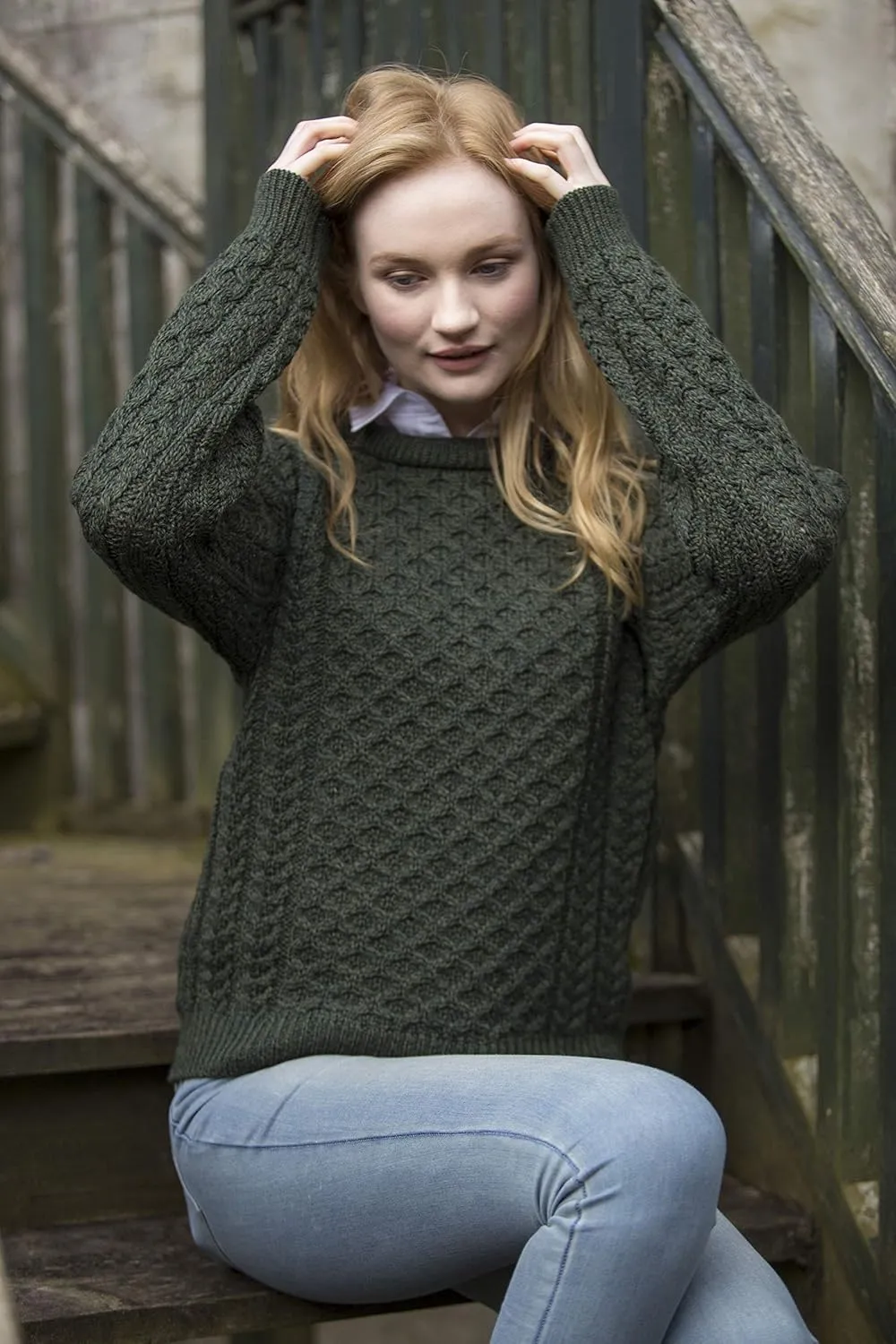 Aran Crafts Unisex Irish Cable Knitted Crew Neck Sweater (100% Merino Wool)