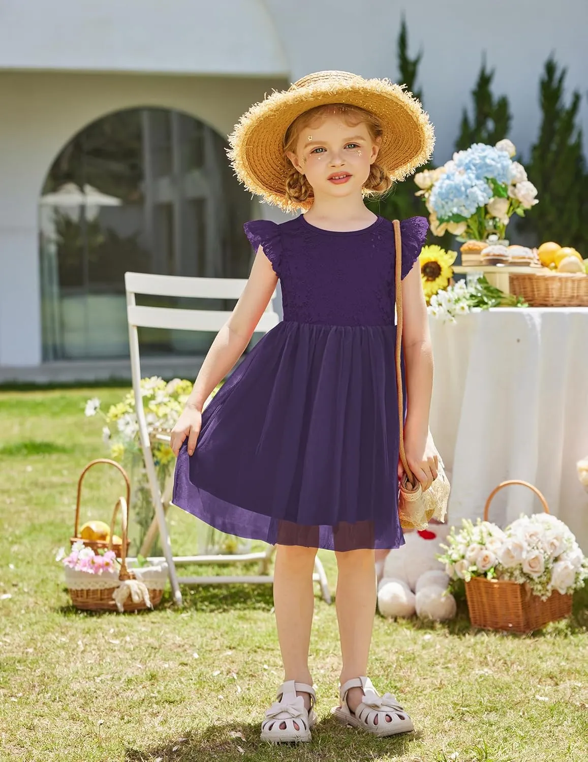 Arshiner Toddler Lace Tutu Dresses Ruffle Sleeve 3 Layers Tulle Flower Wedding Birthday Summer Little Girls Dress