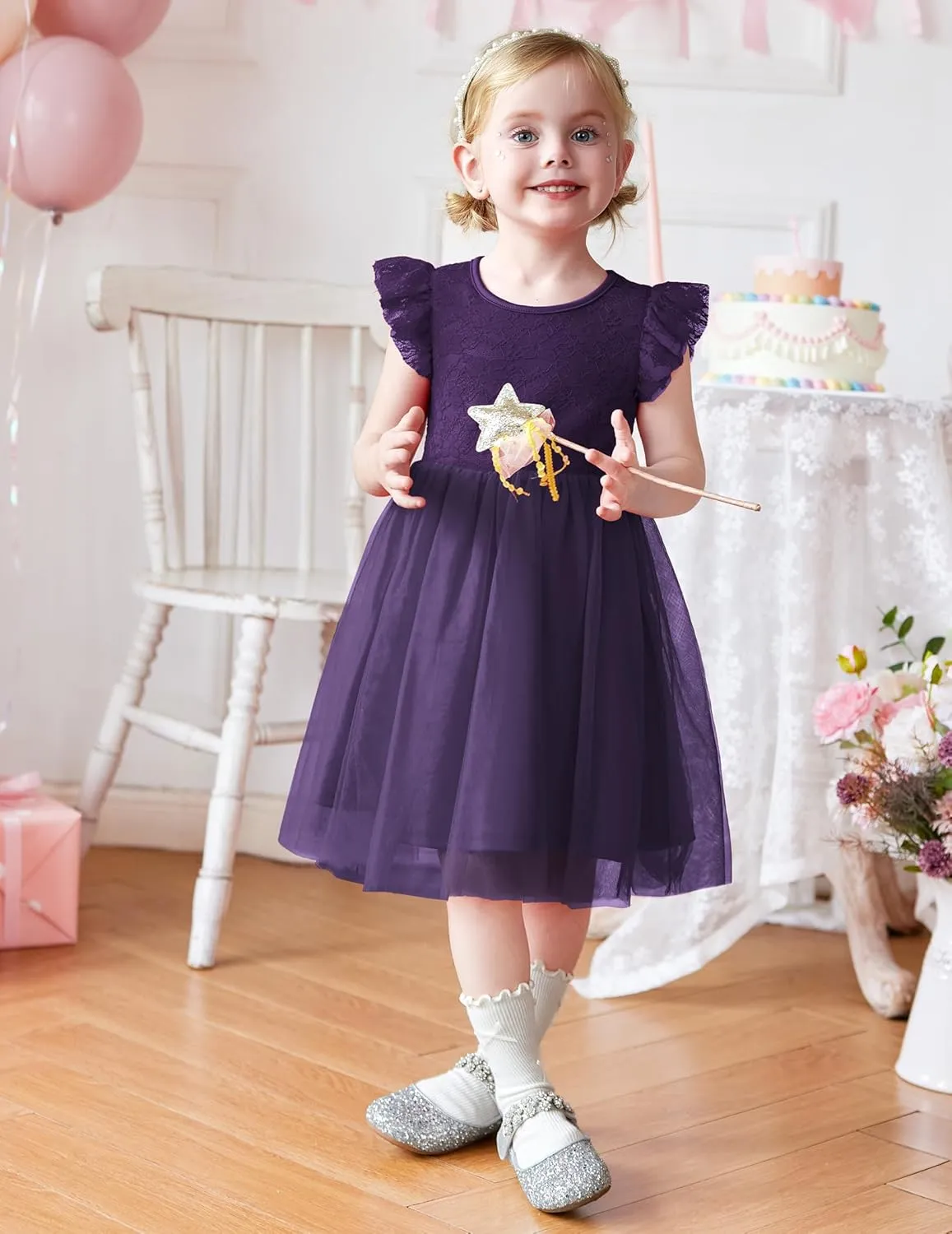 Arshiner Toddler Lace Tutu Dresses Ruffle Sleeve 3 Layers Tulle Flower Wedding Birthday Summer Little Girls Dress