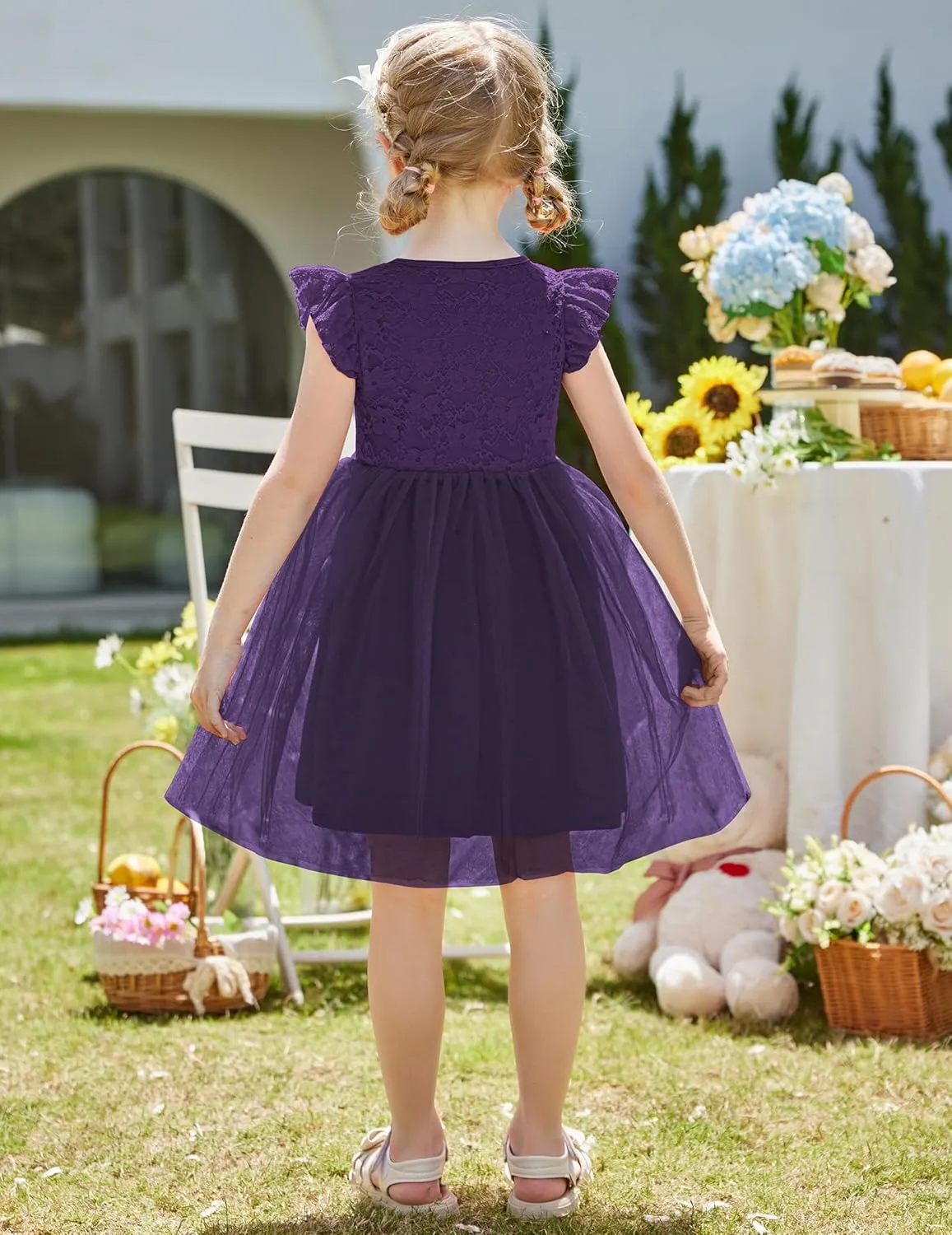 Arshiner Toddler Lace Tutu Dresses Ruffle Sleeve 3 Layers Tulle Flower Wedding Birthday Summer Little Girls Dress
