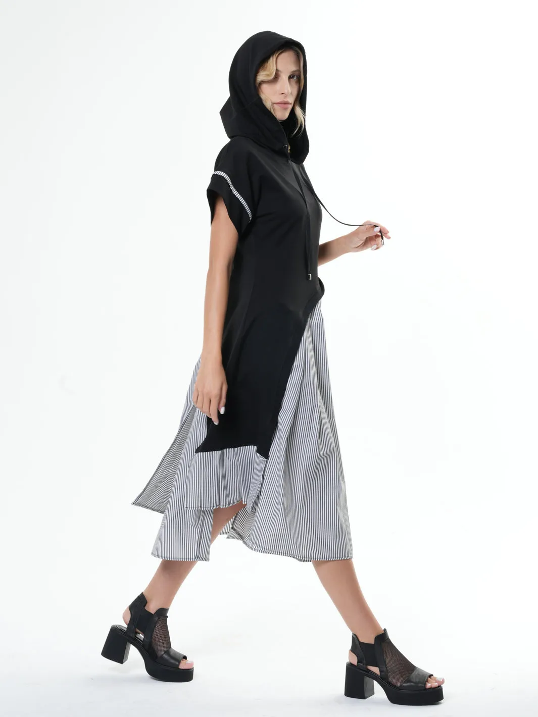 Asymmetric Hooded Dress With Short Sleeves In Black