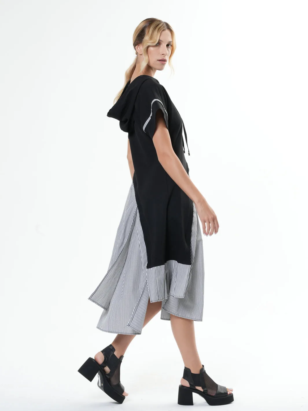 Asymmetric Hooded Dress With Short Sleeves In Black