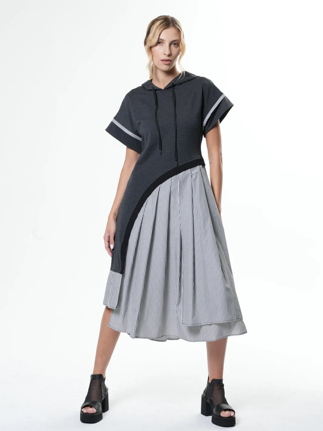 Asymmetric Hooded Dress With Short Sleeves In Black