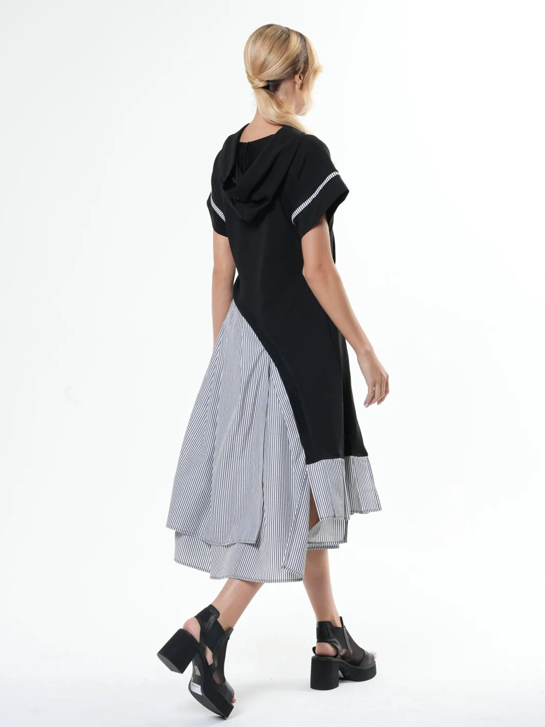 Asymmetric Hooded Dress With Short Sleeves In Black