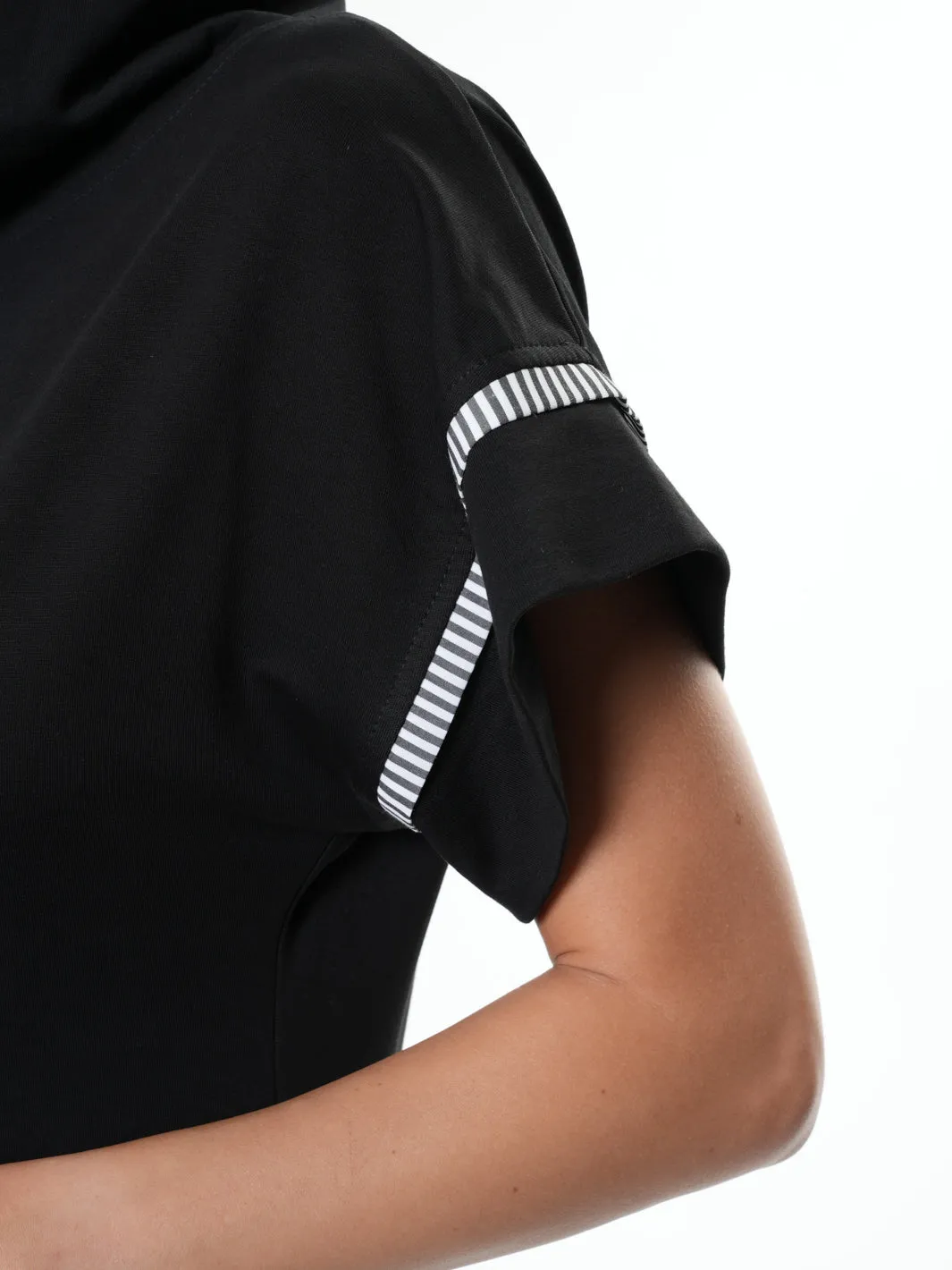 Asymmetric Hooded Dress With Short Sleeves In Black