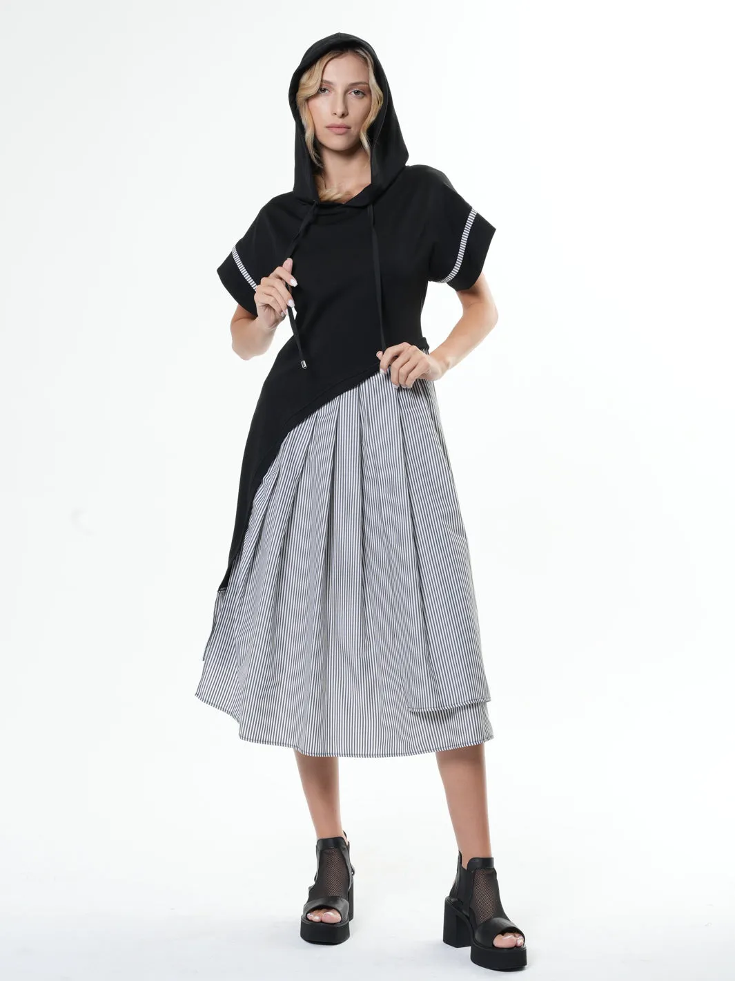 Asymmetric Hooded Dress With Short Sleeves In Black