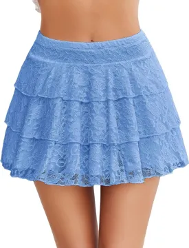 Avidlove Women Pleated Mini Skirt Lace Ruffles Short Skirt High Waisted Floral Layered Skirts