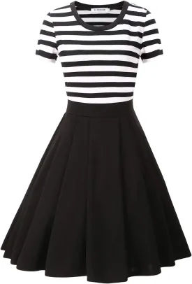 BI.TENCON Women's Striped Pleated Casual A-Line Dresses Knee Length with Pockets