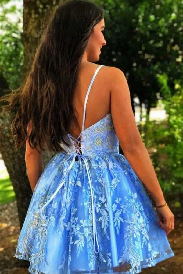 Blue Lace A-line Homecoming Dress School Dance Dress WD103