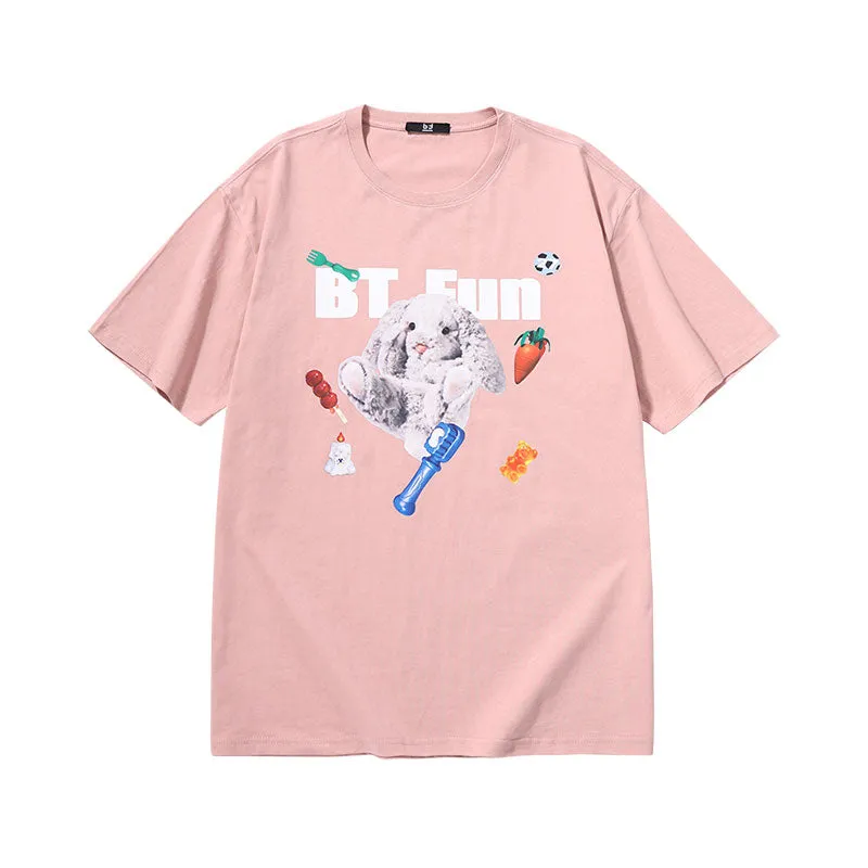 Bunny doll Gourmet alphabet print loose sleeved cotton T-shirt