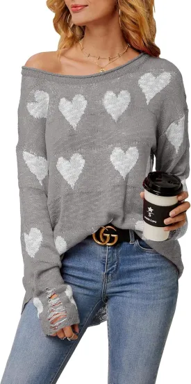 Chang Yun Women Off Shoulder Knitted Pullovers Sweater Loose Long Sleeve Hearts Printed Ripped Tops