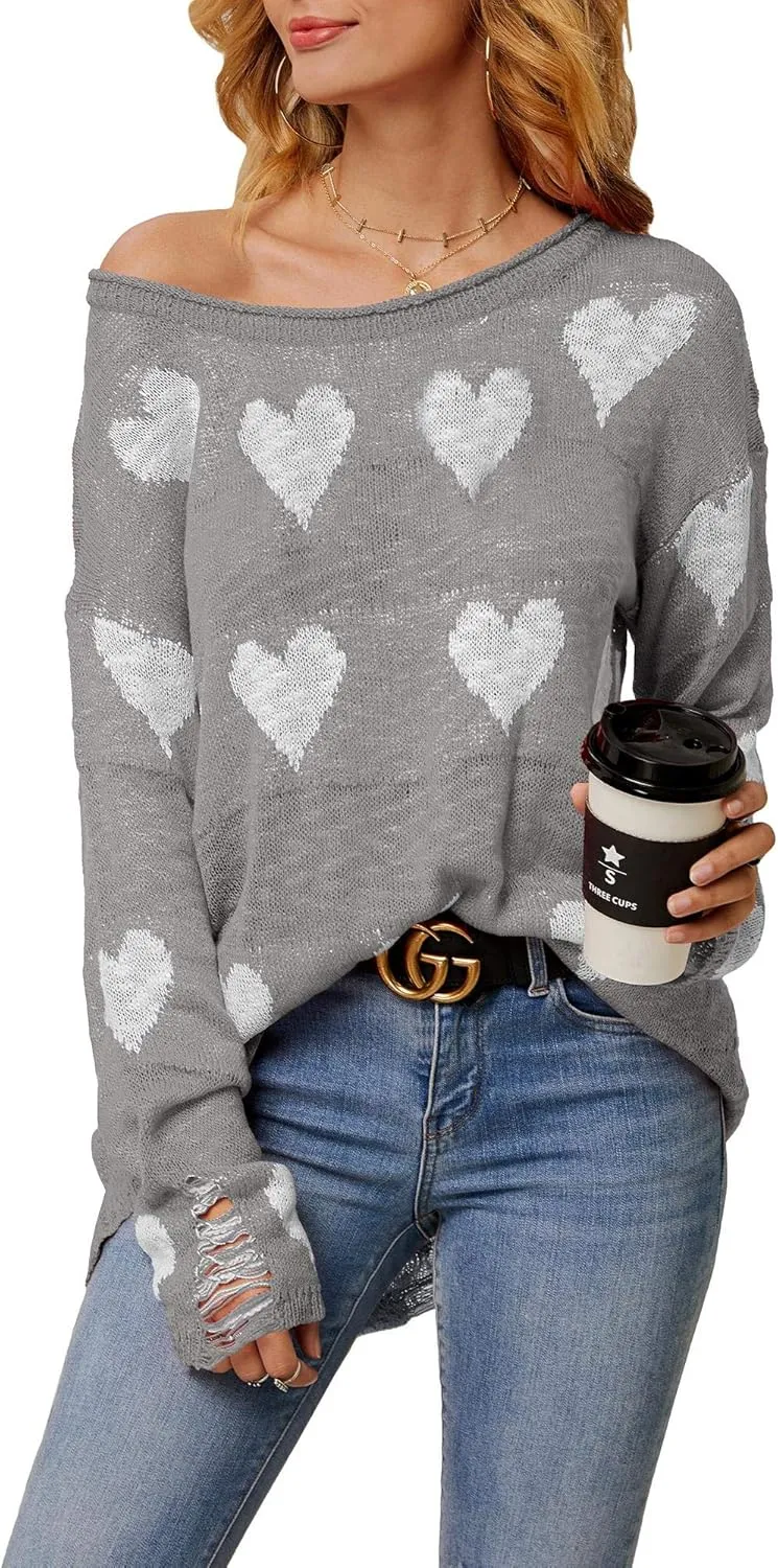 Chang Yun Women Off Shoulder Knitted Pullovers Sweater Loose Long Sleeve Hearts Printed Ripped Tops