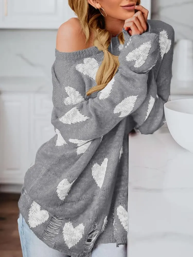 Chang Yun Women Off Shoulder Knitted Pullovers Sweater Loose Long Sleeve Hearts Printed Ripped Tops