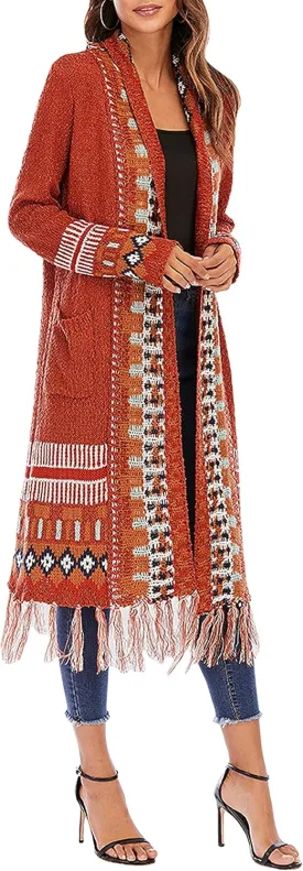 CHARTOU Women's Retro Knit Tassel Fringe Open Front Cardigan Long Sweater Jacket with Pocket