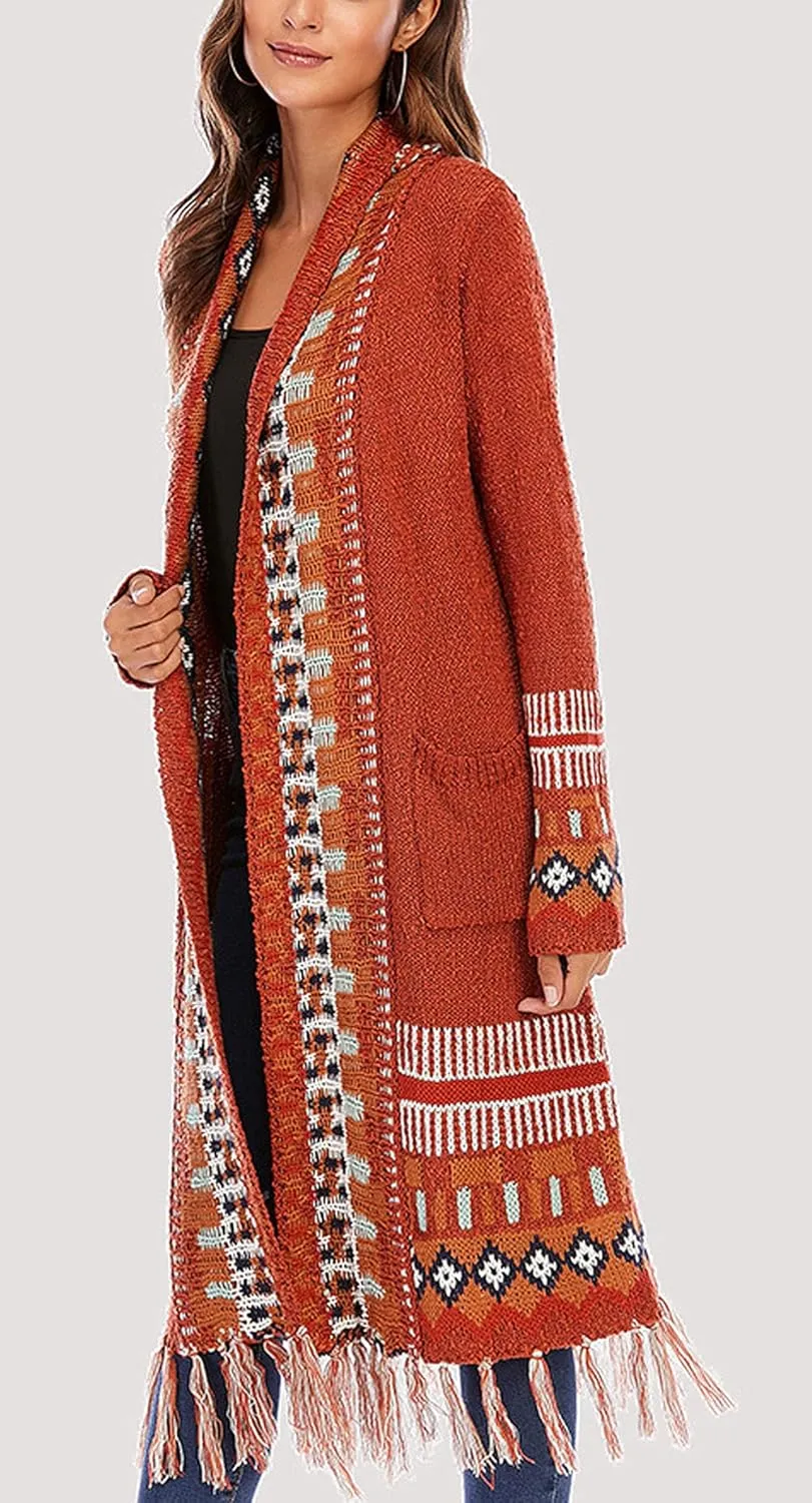 CHARTOU Women's Retro Knit Tassel Fringe Open Front Cardigan Long Sweater Jacket with Pocket