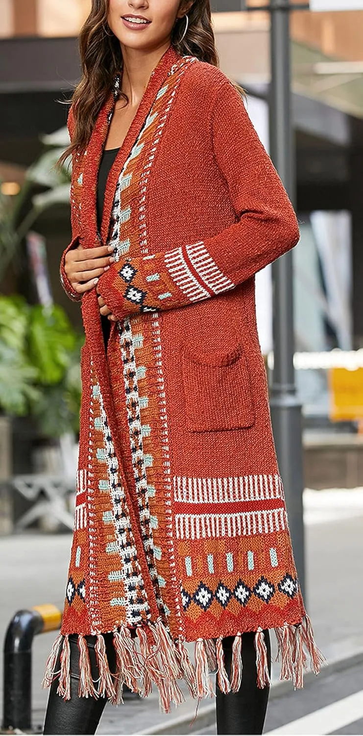 CHARTOU Women's Retro Knit Tassel Fringe Open Front Cardigan Long Sweater Jacket with Pocket