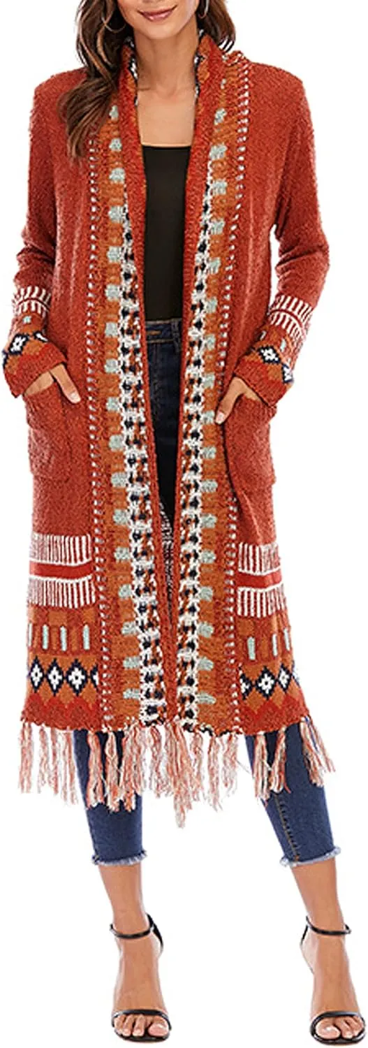 CHARTOU Women's Retro Knit Tassel Fringe Open Front Cardigan Long Sweater Jacket with Pocket