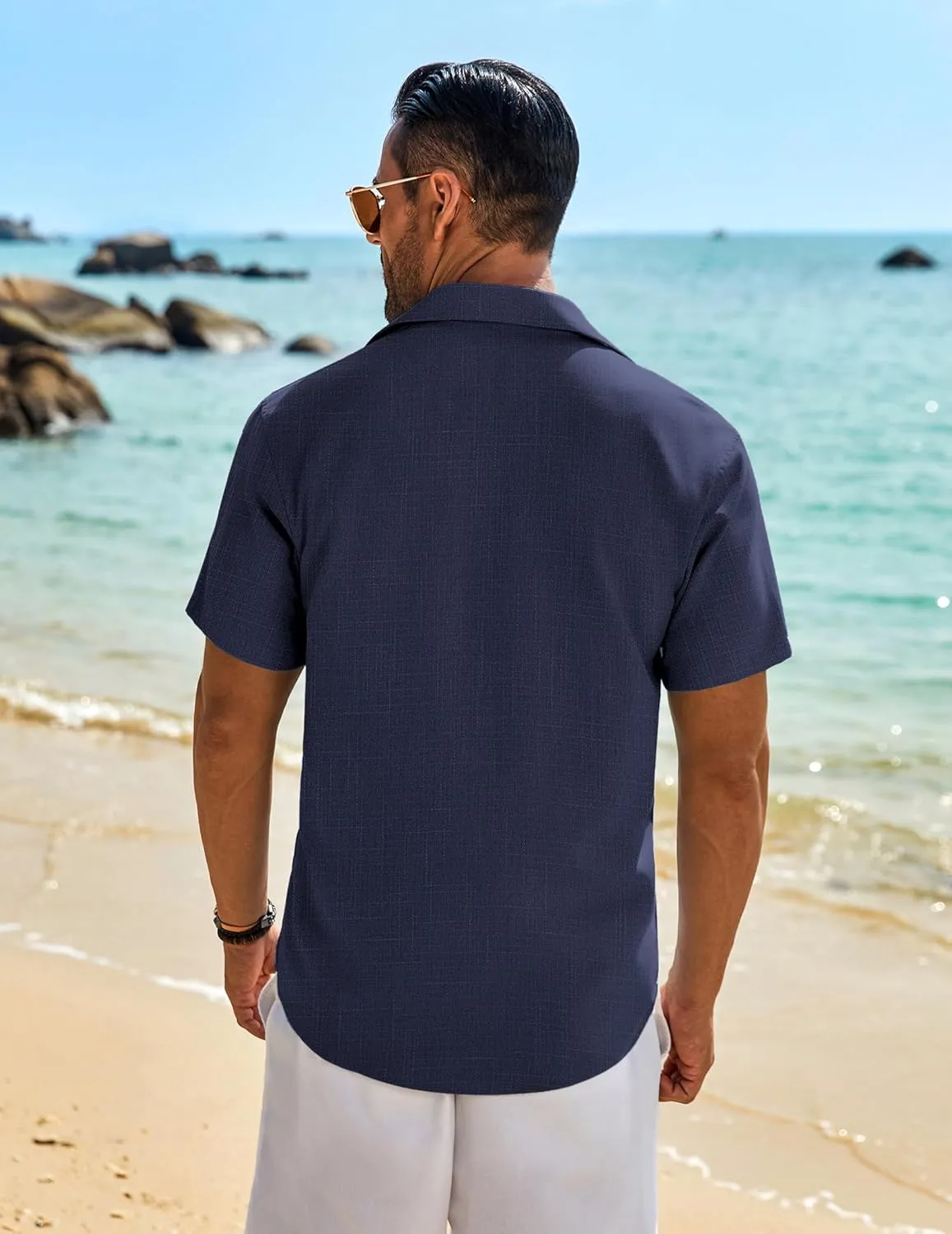 COOFANDY Mens Button Down Shirt Short Sleeve Casual Shirts Beach Summer Linen Shirts Wedding Vacation Shirt