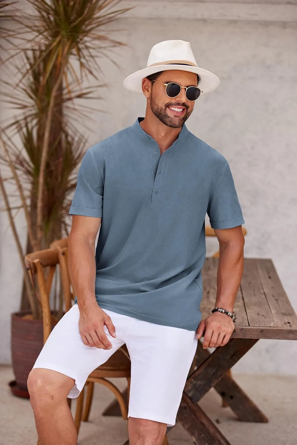 COOFANDY Men's Casual Henley Shirt Short Sleeve Band Collar Shirt Summer Beach Hippie Vacation T Shirt with Button