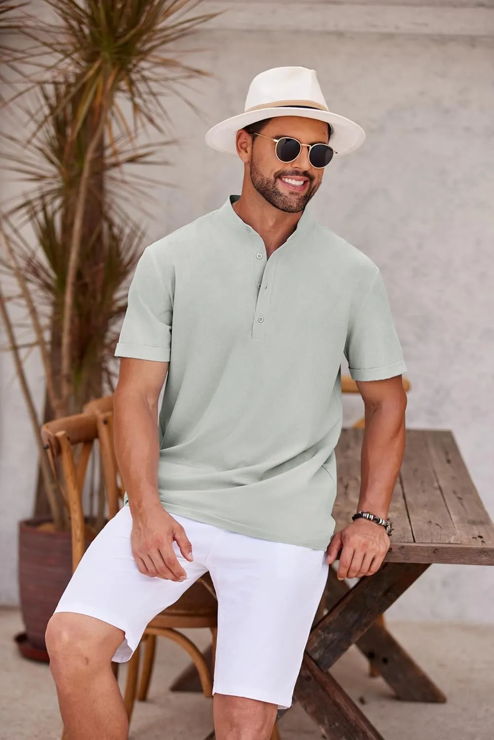 COOFANDY Men's Casual Henley Shirt Short Sleeve Band Collar Shirt Summer Beach Hippie Vacation T Shirt with Button