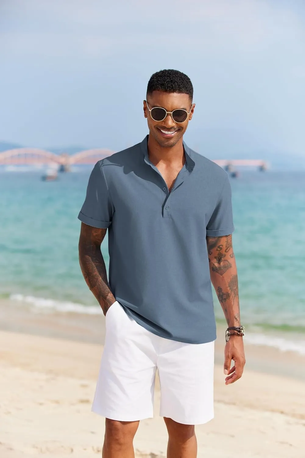 COOFANDY Men's Casual Henley Shirt Short Sleeve Band Collar Shirt Summer Beach Hippie Vacation T Shirt with Button