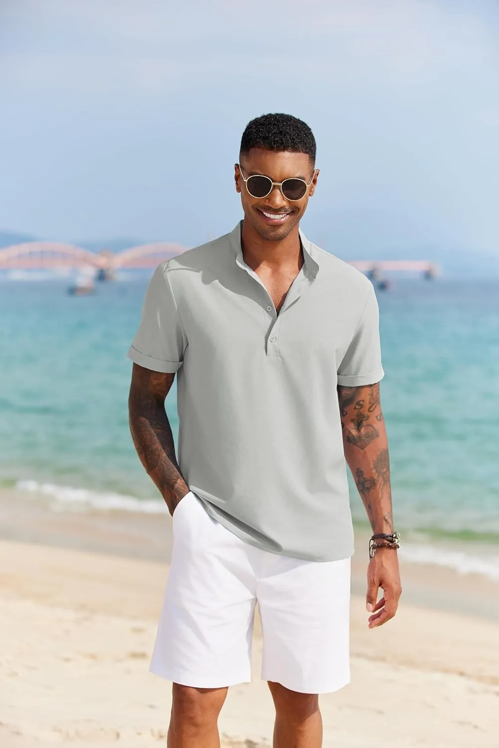 COOFANDY Men's Casual Henley Shirt Short Sleeve Band Collar Shirt Summer Beach Hippie Vacation T Shirt with Button