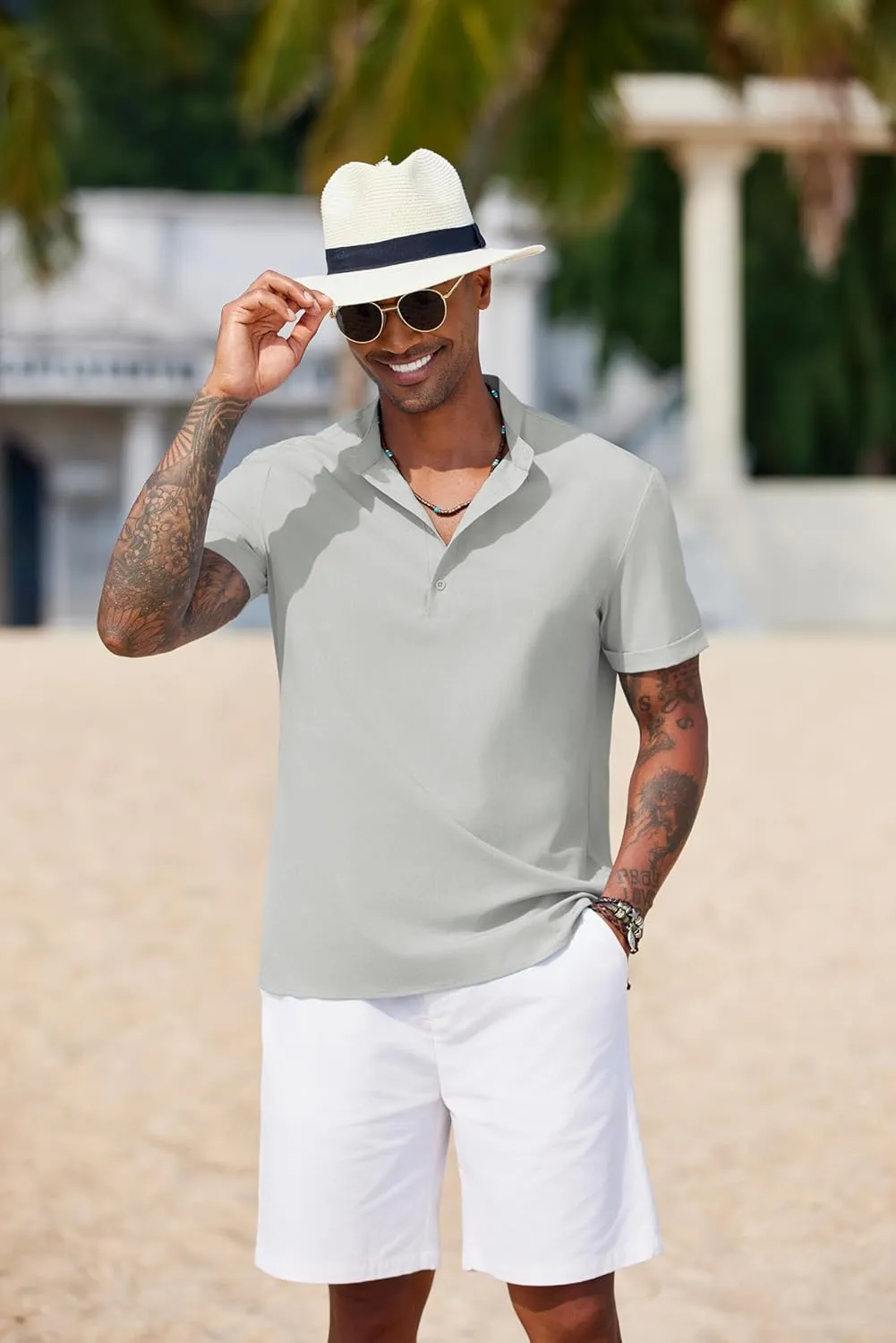COOFANDY Men's Casual Henley Shirt Short Sleeve Band Collar Shirt Summer Beach Hippie Vacation T Shirt with Button