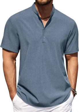 COOFANDY Men's Casual Henley Shirt Short Sleeve Band Collar Shirt Summer Beach Hippie Vacation T Shirt with Button