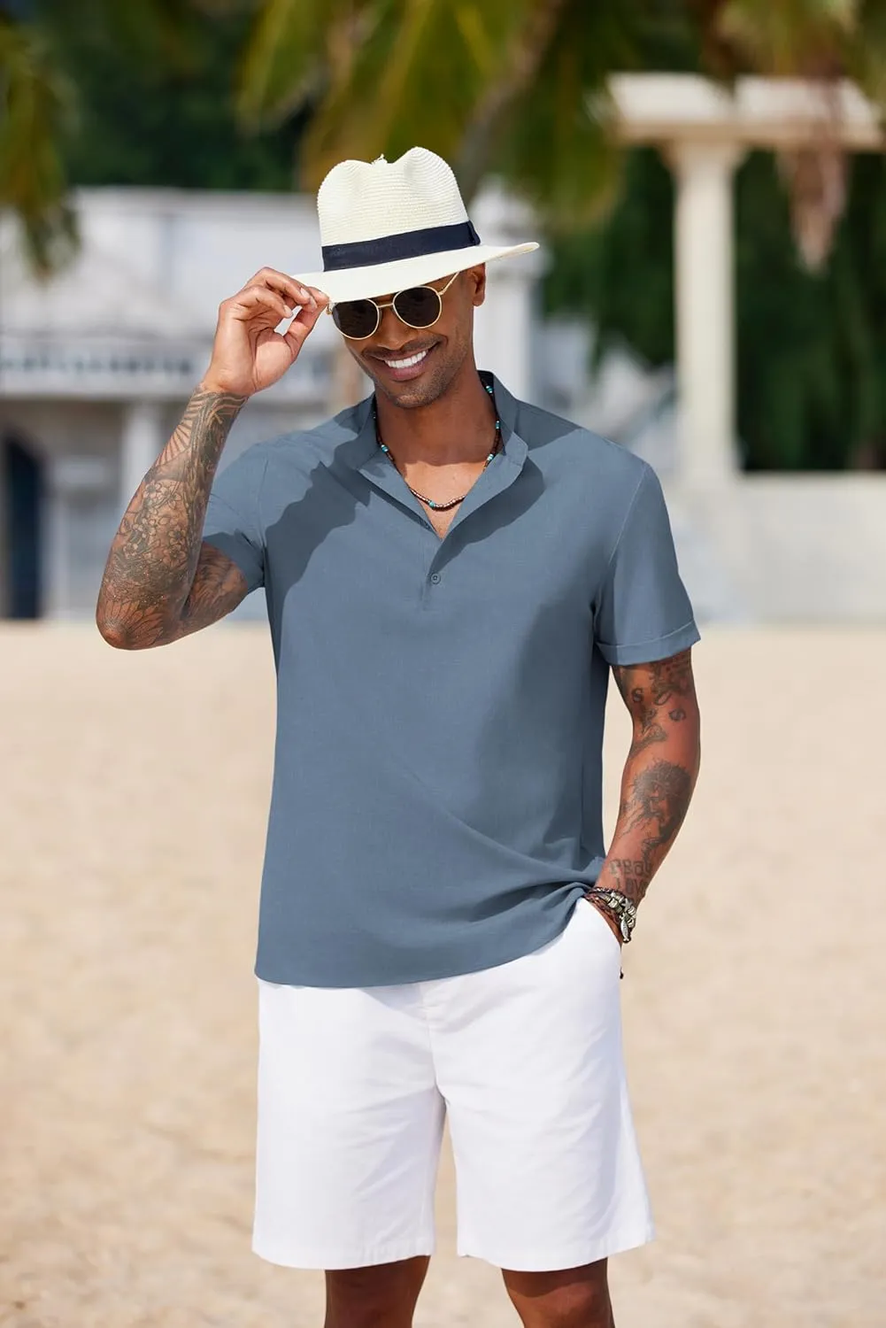 COOFANDY Men's Casual Henley Shirt Short Sleeve Band Collar Shirt Summer Beach Hippie Vacation T Shirt with Button