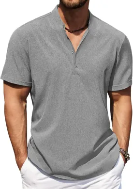 COOFANDY Men's Casual Henley Shirt Short Sleeve Band Collar Shirt Summer Beach Hippie Vacation T Shirt with Button