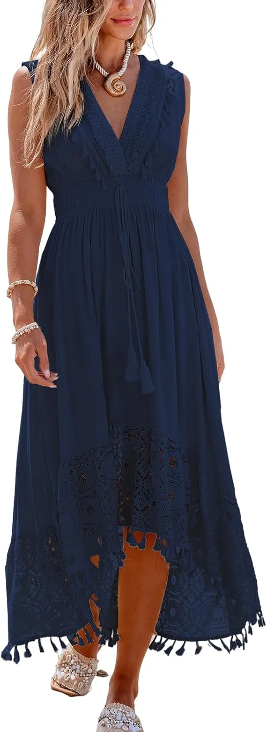 CUPSHE Women's Maxi Dress V Neck Sleeveless Lace Tassel Smocked Waist Cover Up Beach Formal Long Dress