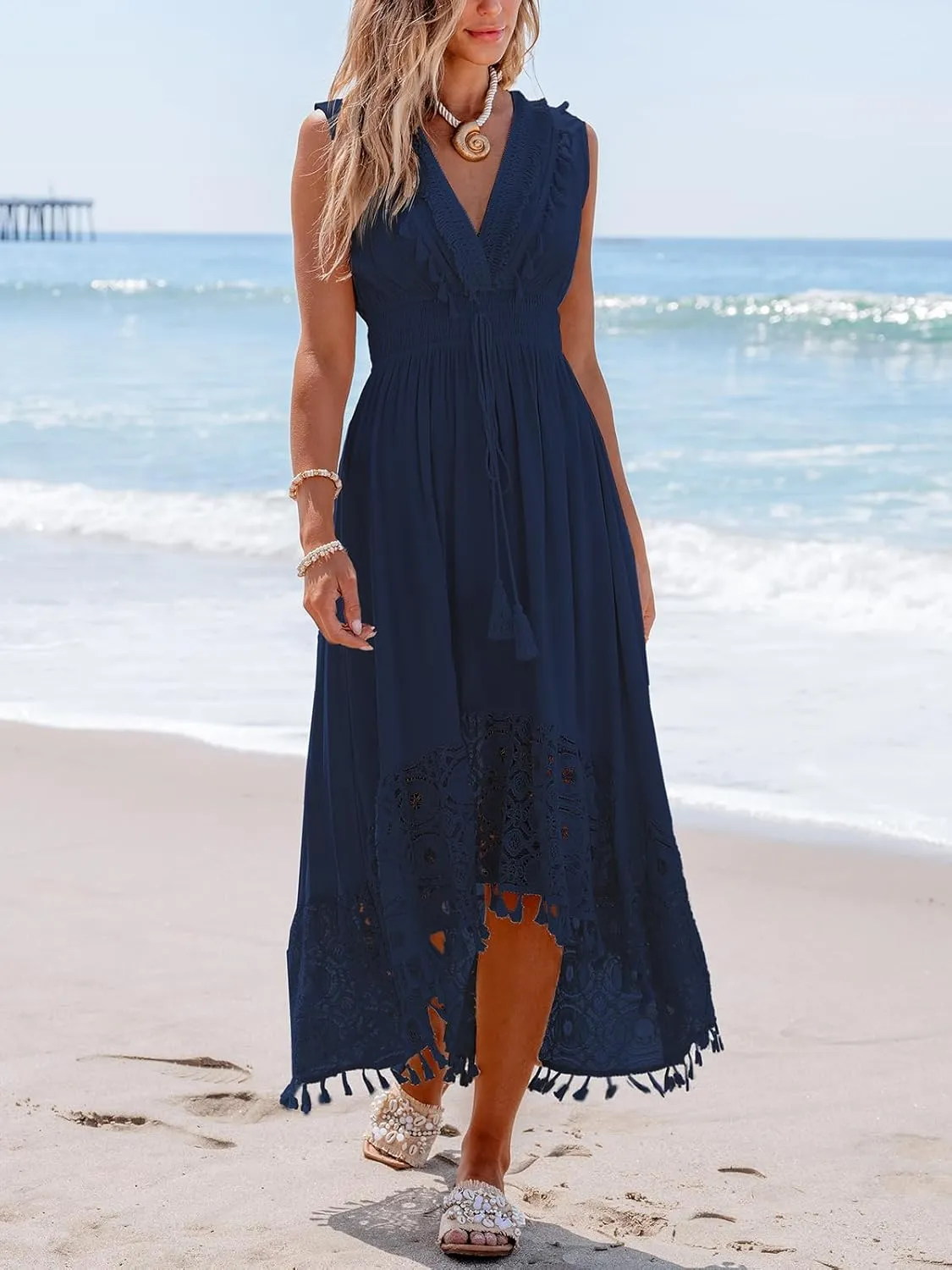 CUPSHE Women's Maxi Dress V Neck Sleeveless Lace Tassel Smocked Waist Cover Up Beach Formal Long Dress