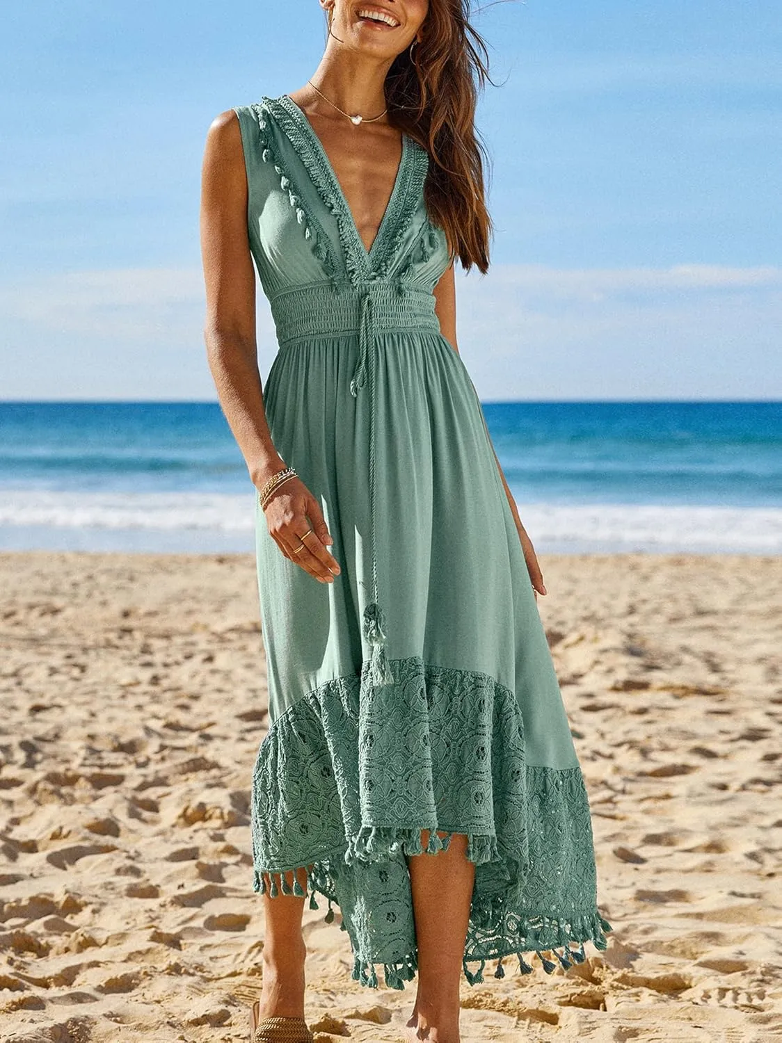 CUPSHE Women's Maxi Dress V Neck Sleeveless Lace Tassel Smocked Waist Cover Up Beach Formal Long Dress