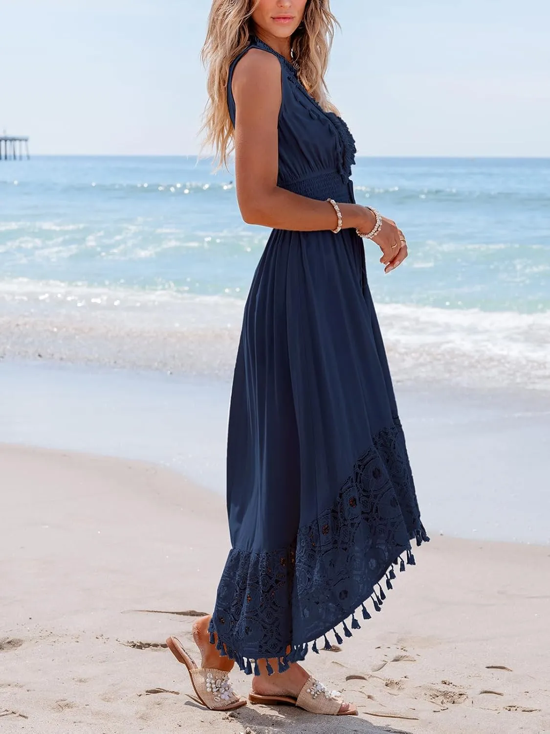 CUPSHE Women's Maxi Dress V Neck Sleeveless Lace Tassel Smocked Waist Cover Up Beach Formal Long Dress