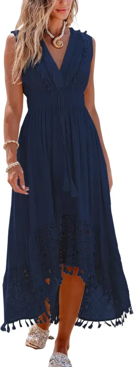 CUPSHE Women's Maxi Dress V Neck Sleeveless Lace Tassel Smocked Waist Cover Up Beach Formal Long Dress