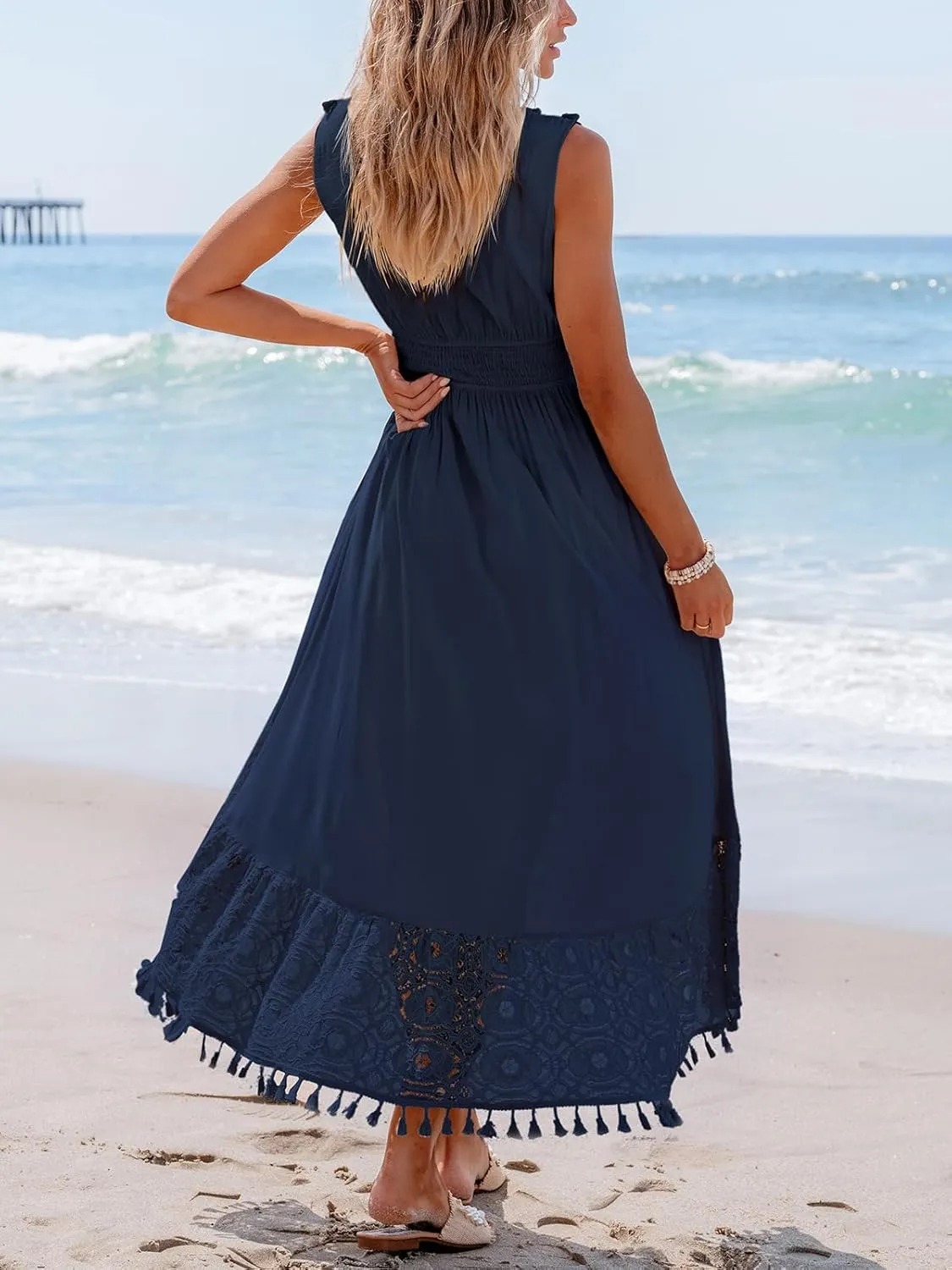 CUPSHE Women's Maxi Dress V Neck Sleeveless Lace Tassel Smocked Waist Cover Up Beach Formal Long Dress