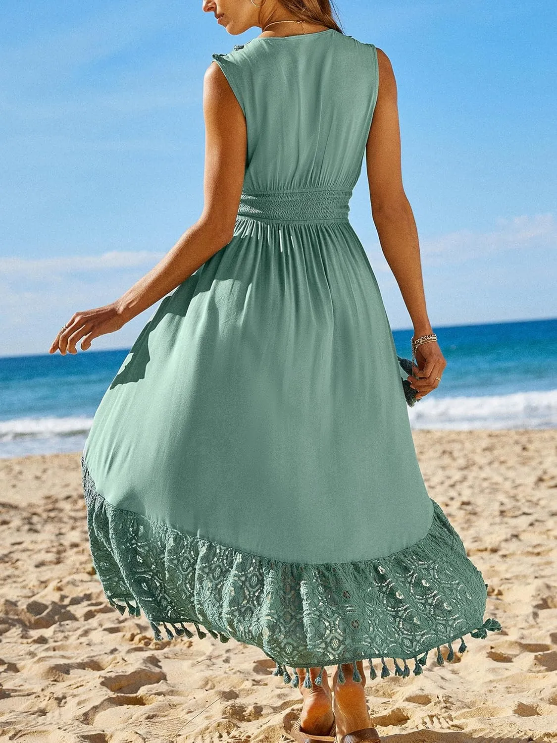 CUPSHE Women's Maxi Dress V Neck Sleeveless Lace Tassel Smocked Waist Cover Up Beach Formal Long Dress