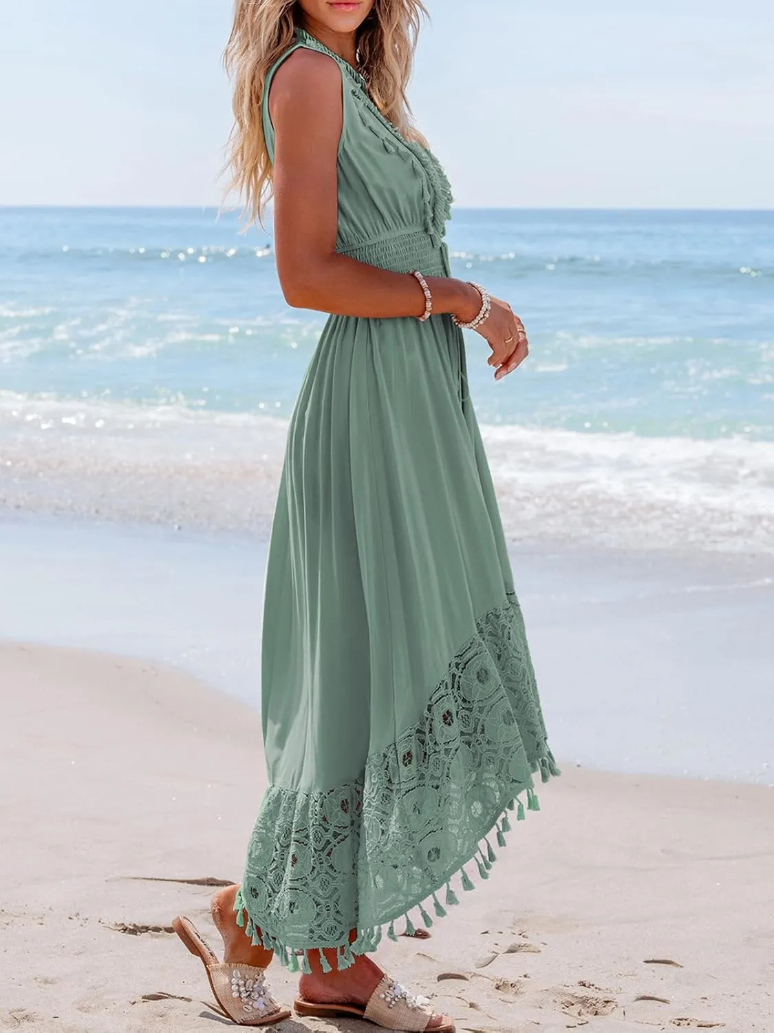 CUPSHE Women's Maxi Dress V Neck Sleeveless Lace Tassel Smocked Waist Cover Up Beach Formal Long Dress