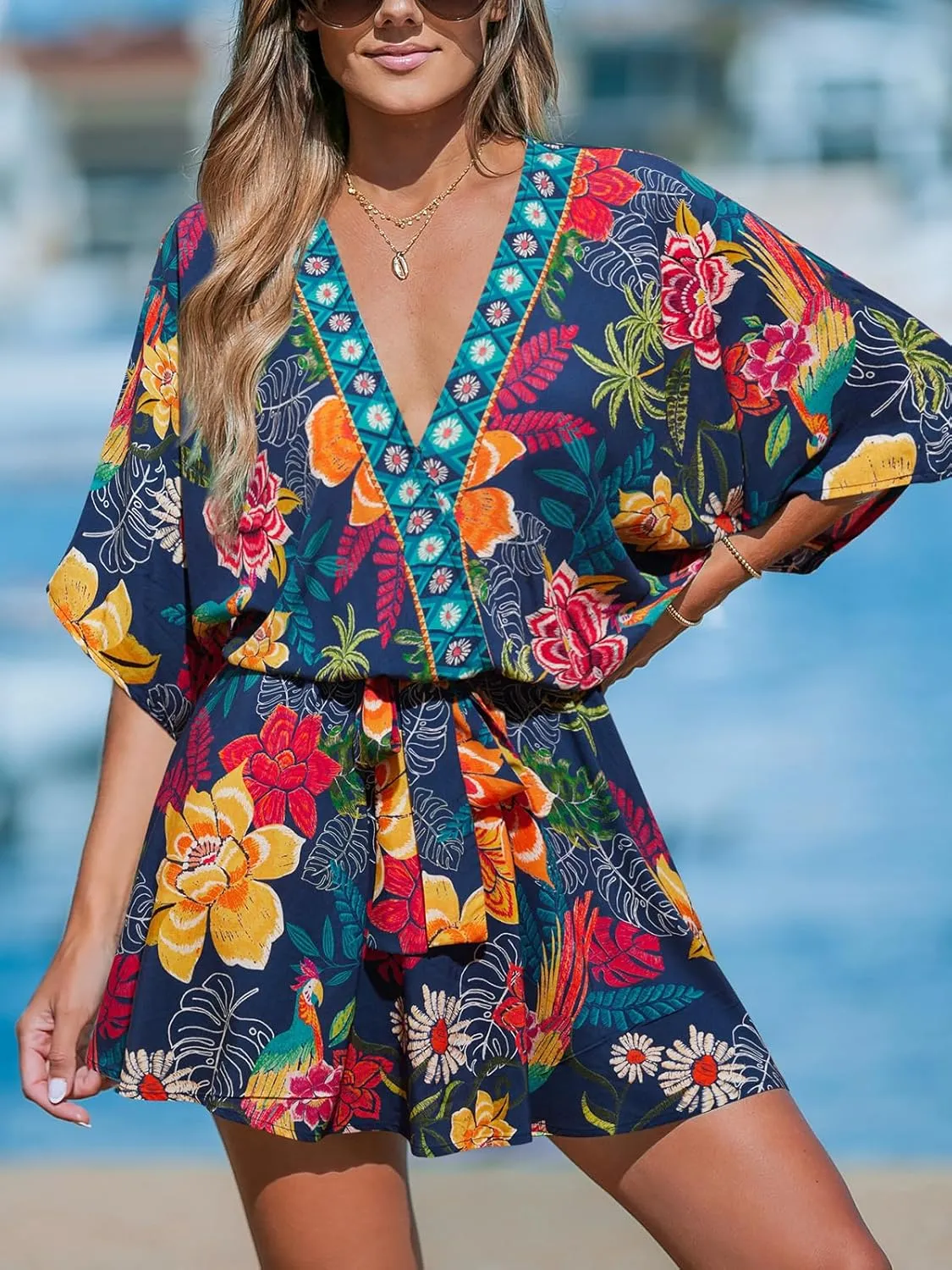 CUPSHE Women's Mini Dress V Neck Floral Half Dolman Sleeve Belted Loose Fit Short Summer Beach Dress