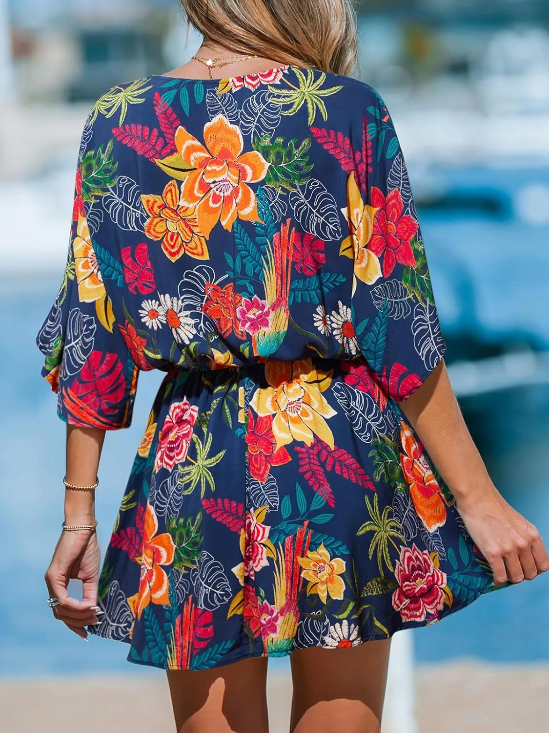 CUPSHE Women's Mini Dress V Neck Floral Half Dolman Sleeve Belted Loose Fit Short Summer Beach Dress