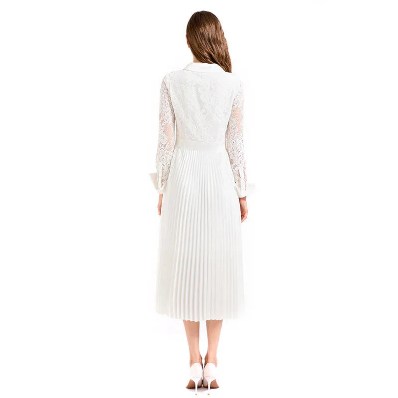 D017 Women floral lace satin combo long sleeves shirt collar pleated midi party dress