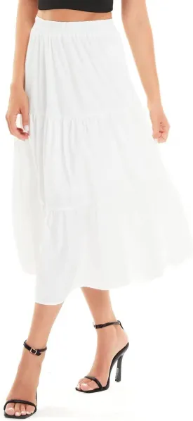 DIASHINY Women's High Waist Elastic Waist A Line Solid Pleated Tiered Long Skirt