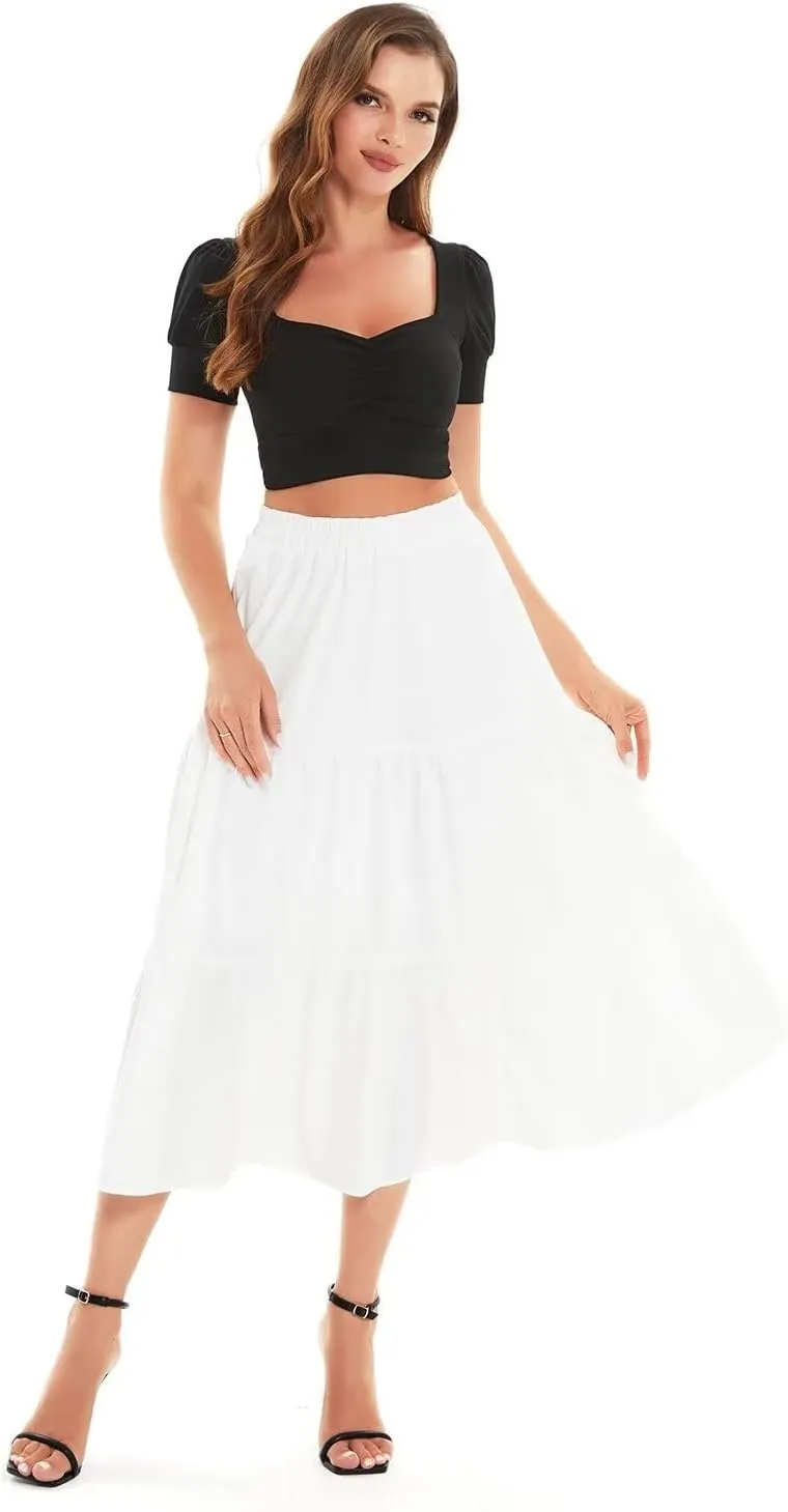 DIASHINY Women's High Waist Elastic Waist A Line Solid Pleated Tiered Long Skirt