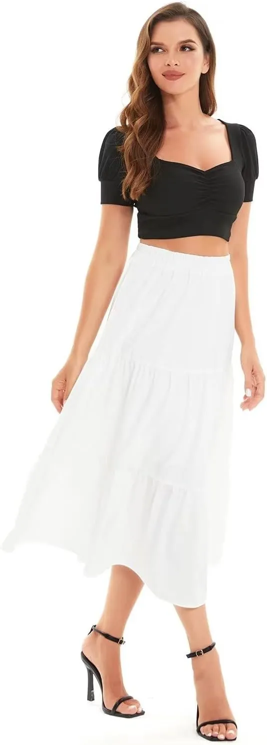 DIASHINY Women's High Waist Elastic Waist A Line Solid Pleated Tiered Long Skirt