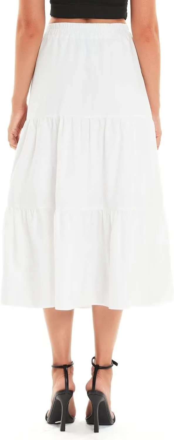 DIASHINY Women's High Waist Elastic Waist A Line Solid Pleated Tiered Long Skirt