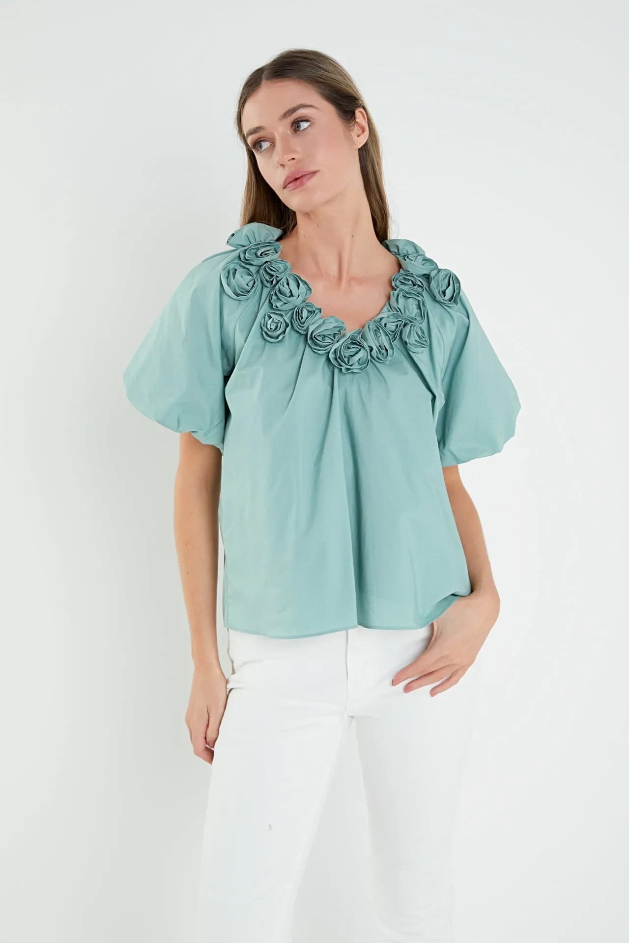 Flower Neckline Puff Sleeve Top