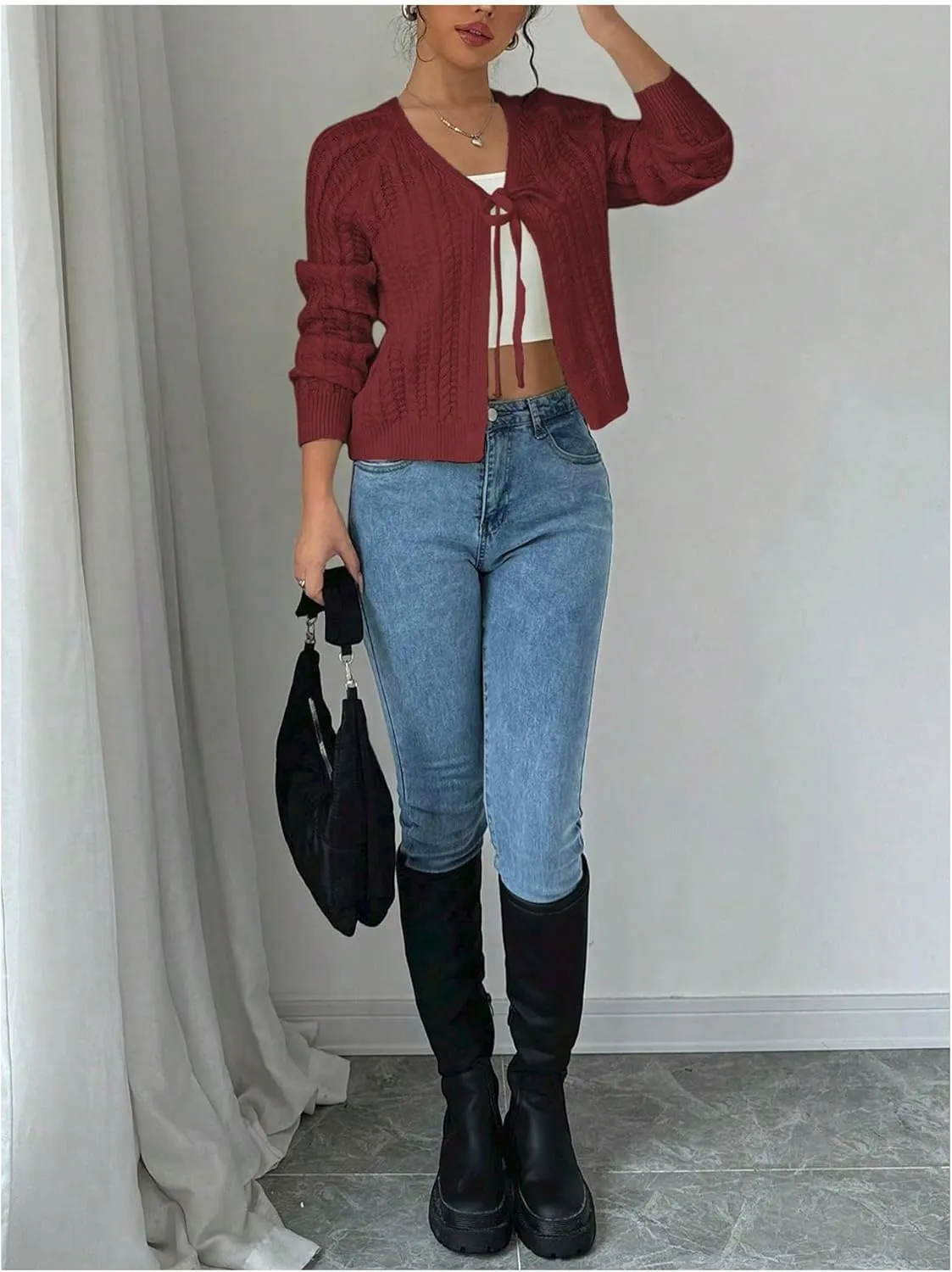 GORGLITTER Women's White Cropped Cardigan Tie Front Cardigan Cable Knit Sweater