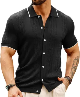 GRACE KARIN Men's Knit Polo Shirt Breathable Hollow Out Casual Button Down Shirts