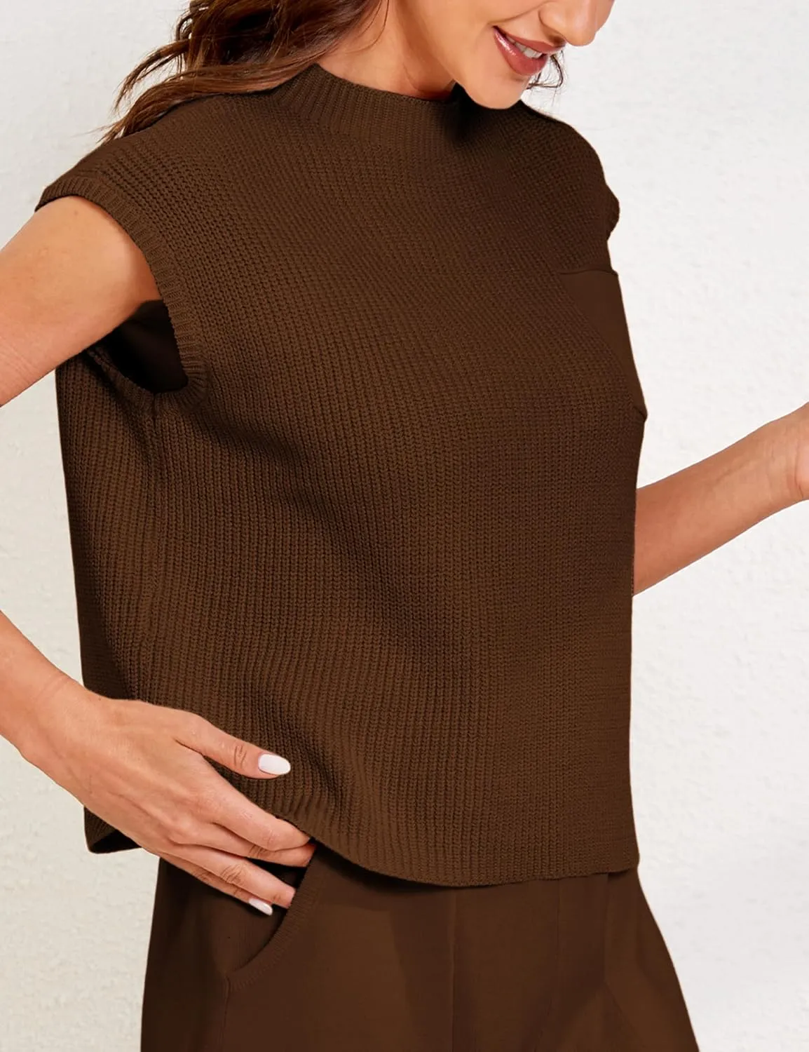 Himosyber Women's Solid Sleeveless Vest Mock Neck Cap Sleeve Knitwear Sweater Tops